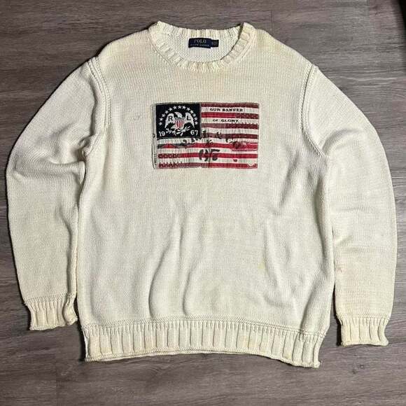 Polo Ralph Lauren Vintage 1967 Flag Knit Sweater Cream Size XXL